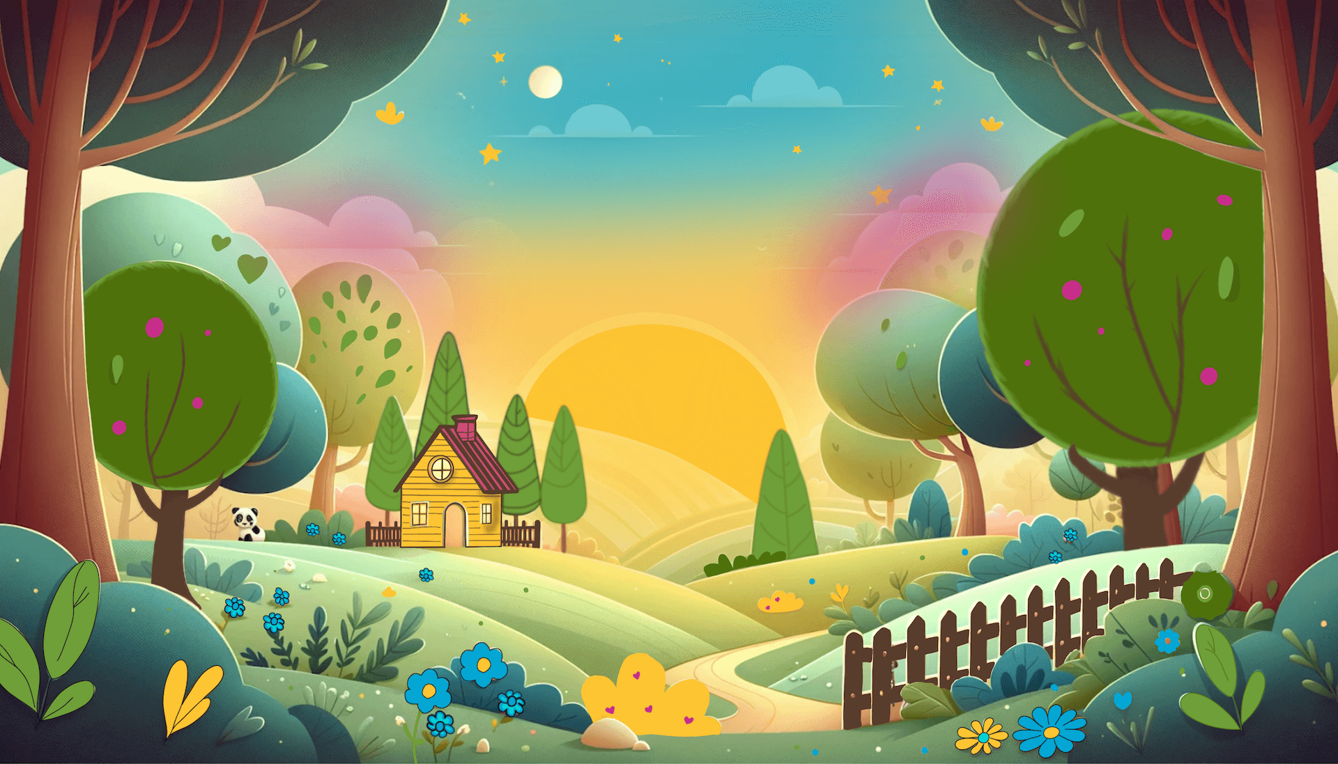 Illustration d'un paysage avec une cabane et un panda en avant