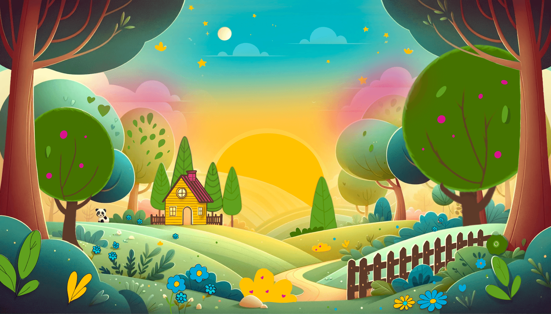 Illustration d'un paysage avec une cabane et un panda en avant